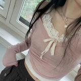 Girls Sexy Lace Straps Tight Show Thin Knitted Long Sleeves Two-Piece Set 2024 Pure Sweet Wind Blouse