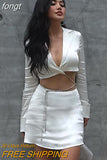Dress Set Women Outfits Bandage Long Sleeve Crop Top Diamond Mini Skirt Sets White Streetwear Chic Black Two Piece