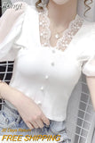 Fashion Lace V-neck Hollow Out Patchwork Button Shirt New Summer Autumn 2023 Long Sleeve Pullovers Women's Clothing