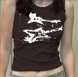 Fongt Doodle Color Print Thread Sleeveless Vest Spring / Summer 2023 New Diablo Hipster Skinny Top-Outfit