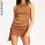 Cotton Ruched Drawstring Sexy Party Dress Women Sleeveless Elastic Mini Dress Vintage Summer Bodycon Club Wear