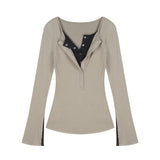 Solid Color Fake Two Pieces Long Sleeve Tee-Outfit