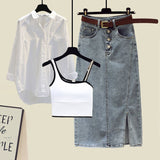 Streetwear Three Pieces Set For Women Slash Neck Vest+long Sleeve Sunscreen Shirt+high Waist Side Split Denim Skirts