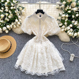 Fongt Summer Retro Temperament Elegant Collar Single Buckle White Lace Embroidery A Word Cake Dress