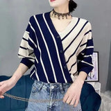 Striped Bottom Shirt Top 2025 Summer New Temperament V-Neck Five-Sleeve Ice Silk T-Shirt Knitted Shirt