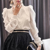 Autumn Korean Style Chiffon Shirt Chic Elegant Multi-layer Pleated Stand Collar Blouse Women Puff Sleeve Sunscreen Top