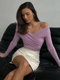Shoulder Onesie 2024 Hot Top Sexy Cross Pleated One-Line Shoulder Long Sleeve Onesie-Outfit