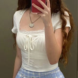 Fongt Court Square Collar Chest Pleated Belt Solid Color Shoulder Short Sleeve T-Shirt 2023-Outfit