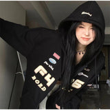 Vintage Embroidery Drawstring Oversized Hoodie-Outfit