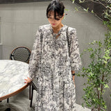 Fongt Chic Spring French Vintage V-Tie Bow Ink Print Design Loose Long Sleeve Dress-Outfit