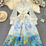 Fongt French Retro Collar Long Sleeves Chopped Flower And Chiffon Dress Women's Spring And Autumn New Lace-Up Long Dress