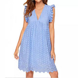 Fongt New Lace Jacquard Hollow-Out V-Neck Dress With Cloth Shorts In Her Pocket-Outfit