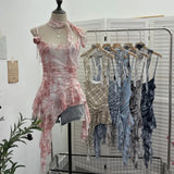 Real Shooting Retro Tie-Dye-Print Mesh Sling Sling Sling Vest Irregular Lotus Leaf Edge Ribbon Sleeveless Top