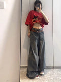 and Autumn High Waist Women Wide Leg Jeans American Retro Loose Slim High Street Vibe Straight Floor-Mopping Pants-Outfit