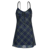 top Mini Dress Partywear E-Girl 90s Spaghetti Strap Bandage Front Ruffles Plaid Dresses Vintage Mesh V-neck Backless