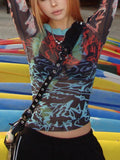 Spring 2024 New Round-Neck Collar Long-Sleeved Mesh Printing Casual Women's Top