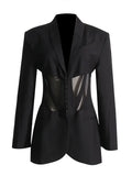 Fongt Trend Top 2024 Autumn New See-Through Sexy Mesh Stitching Lapel Suit Jacket Female-Outfit