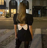 Puff Sleeve Large Collar Back Bow Blazer Mini Dress-Outfit