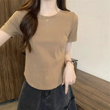 Fongt Summer New Slim Short-Sleeved T-Shirt Women's Design Sense Short Pure Desire Irregular Hem Curved