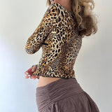 Leopard Print Bandage Slit Crop Top Grunge 2000s Sexy T-shirt Vintage Lace Patchwork V Neck Long Sleeve T Shirt Lady Chic-Outfit