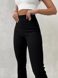 Stretchy Ribbed Flare Leg Pants-Outfit