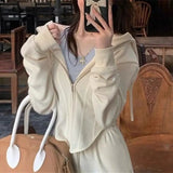 Fongt 2024 New Hong Kong Style Sports Leisure Suit Women's Salt Wear Fish Bone Waist Hoodie Two-Piece Trousers-Outfit