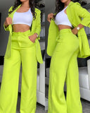 Fongt Women's Temperament Elegant Solid Color Open Slit Sleeve Lapel Suit Bag Straight Pants