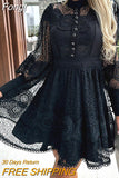 Lady Patchwork Button Round Neck Dress Elegant Women Slim Fit Summer Solid Dress Office Lace Long Sleeve Mini Dress