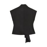Spring Pleated Decorative Blouse Vertical Collar Sleeveless Solid Color Blouse 2267572-Outfit
