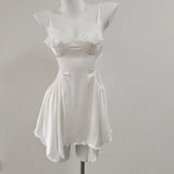 Fongt New Spring And Summer Sexy Pajamas Female Thin Hollow Lace Splicing Ice Silk Folds Slimming Slings Sleep Skirt