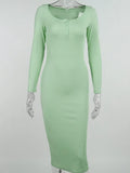Knit Midi Dresses For Women Sexy Button Elegant Long Sleeve Square Collar Bodycon Basic Autumn Casual Fashion