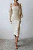 Sleeve Square Neck Bodycon Midi Dress 1028-0-Outfit