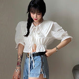 Elegant Floral Blouse Women Kawaii Vintage Sweet Casual Puff Sleeve Blouse Female Chic Two Piece Suit Party Blouse