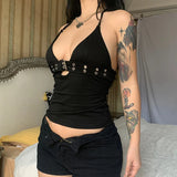 Fongt 2024 Sexy Day Word Button V Neck Low Chest Hanging Neck Tight Navel Bottom Small Vest Top-Outfit