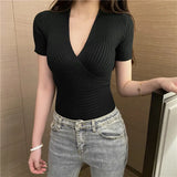 Spot Summer Large V-Collar, Low-Cut, Sexy, Tight-Fitting White Wine Red Short-Sleeved Sweater-Outfit