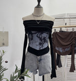 Real Shooting Maillard Wasteland Wind Word Shoulder Long-Sleeved Top Print Spliced Knitted Horn Sleeve Short T-Shirt