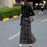 2020 Real Shot Woolen Cloth Plaid Skirt Women Autumn Winter Vintage High Waist Hem Split Slim Long Package Hip Skirts