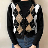Winter Argyle Plaid Cardigans Women Vintage England Style Single Breasted Long Sleeve Knitted Sweaters Streetwear