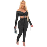 Up Drawstring Two Piece Set Women Off Shoulder Crop Top Ruched Stacked Pants Elegant 2 Piece Set Club Outfits Matching Sets-Outfit