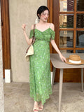 Fongt Xixi 2025 Summer New High-Waisted Print Temperament Shoulder Lotus Leaf Side Dress High-End Dress 88360