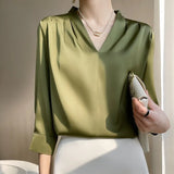 Fongt 2023 Summer Women's New Satin Shirt V-Neck Simple Nine-Minute Sleeve Temperament Versatile French Jacket-Outfit