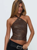 Fongt Retro Brown Leather Ring Decoration Hanging Neck Vest Sexy Back Strap Strap Short Top