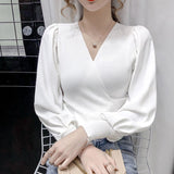 Korean Fashion Sexy V Neck Knitted Pullovers Pull Femme Long Sleeve Tops Patchwork White Sweater Women Clothing 2023