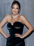 Black Rhinestone Shell Velvet Mini Dress-Outfit