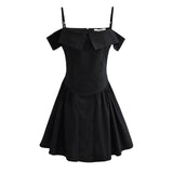 Fongt Spring New Sweet One Word Collar Sling Dress Sexy Back Chic Slim Short Dress-Outfit