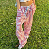 Fongt Wind Dopamine Contracted Stripe Casual Pants Female Low Waist Lace Splicing Straight Tube-Outfit