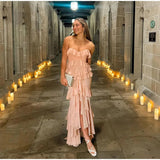Pink Layered Ruffles Strapless Maxi Dress-Outfit