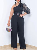 Fongt With Belt Women's Slanted Shoulder Sexy Waist Temperament Broad Leg Size Jumpsuit