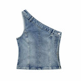 Fongt Asymmetrical Collar Retro Denim Breast Wrap Blouse 6045005
