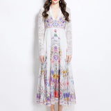 Fongt Holiday Style Dress Women's Spring Court Deep V-Neck Lace Horn Sleeve Single Buckle Print Dress
